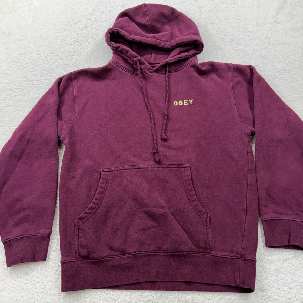 Obey Hoodie Mens Small‎ Burgundy Pullover Sweatshirt Drawstring Spellout Logo